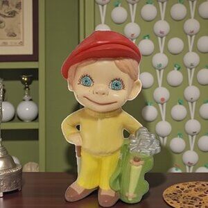 Vintage Atlantic Mold Ceramic Golfer Statue 12" Hand Painted Boy Caddy